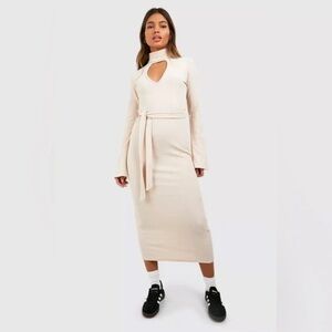 Boohoo | RIPPLE RIB CUT OUT TURTLENECK MIDI DRESS STONE